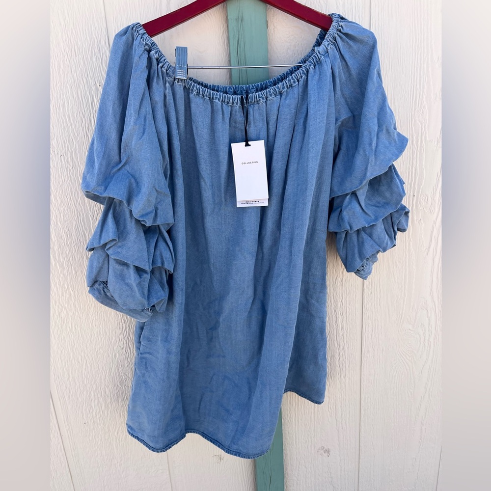 Zara “The Butterfly” Chambray Ruffle Sleeve Off Shoulder Dress Medium